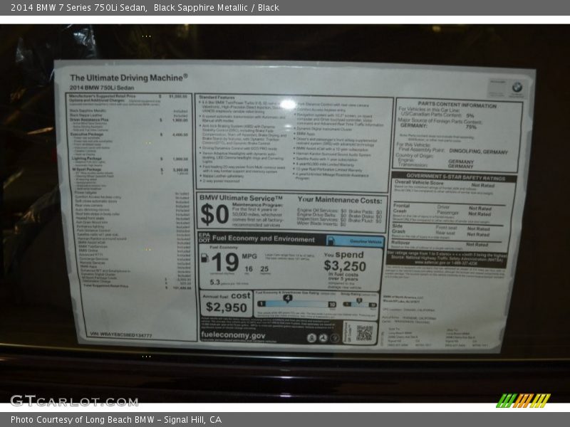  2014 7 Series 750Li Sedan Window Sticker