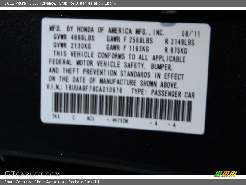 Graphite Luster Metallic / Ebony 2012 Acura TL 3.5 Advance