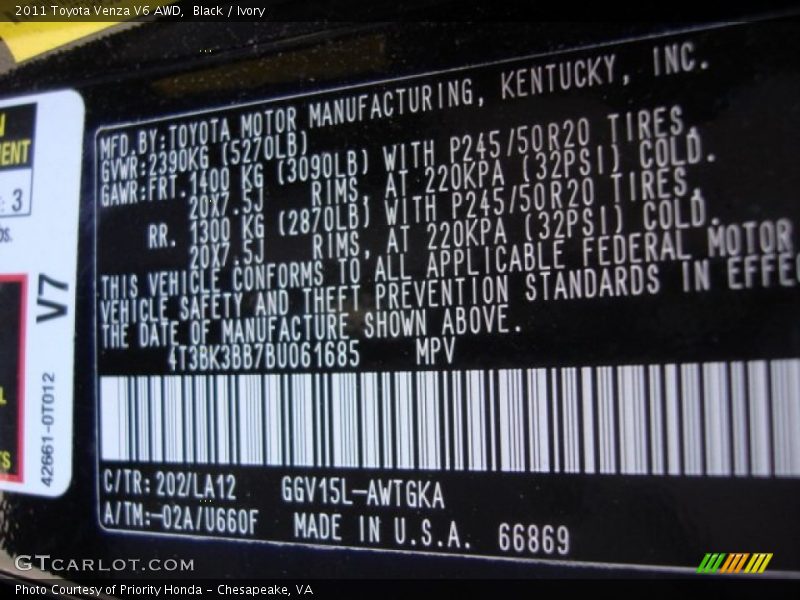 Black / Ivory 2011 Toyota Venza V6 AWD