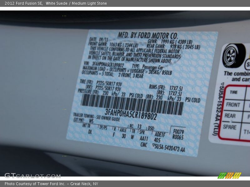 White Suede / Medium Light Stone 2012 Ford Fusion SE