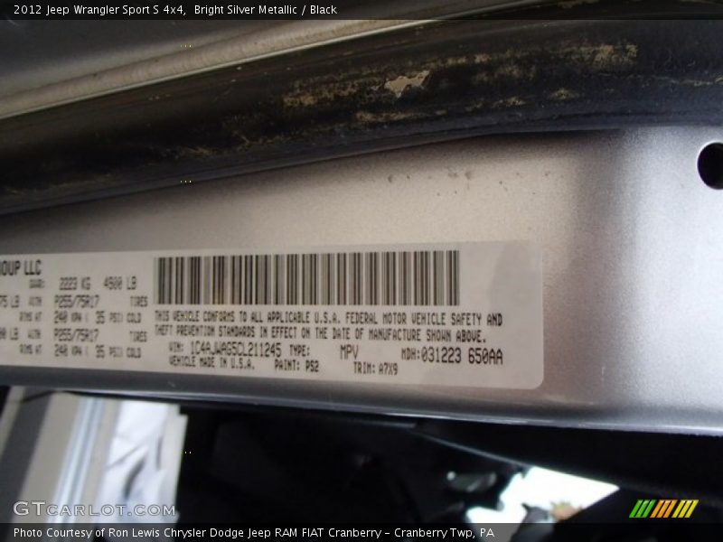 Bright Silver Metallic / Black 2012 Jeep Wrangler Sport S 4x4