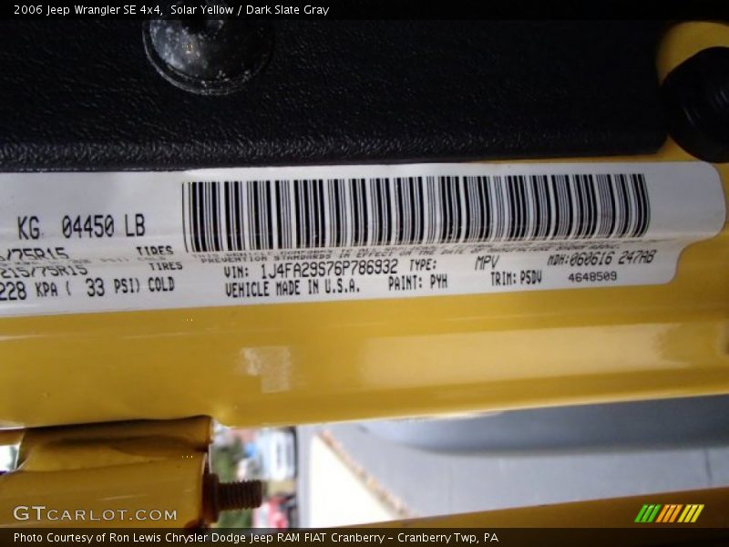 Solar Yellow / Dark Slate Gray 2006 Jeep Wrangler SE 4x4