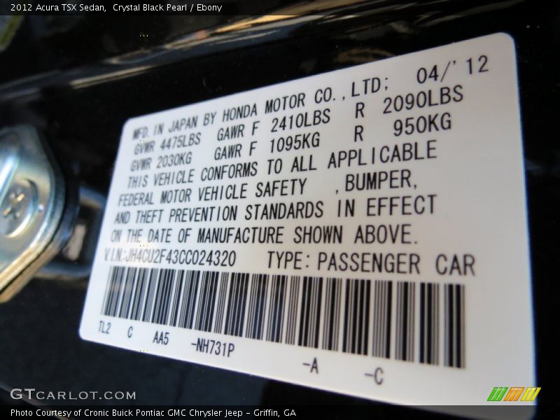 Crystal Black Pearl / Ebony 2012 Acura TSX Sedan