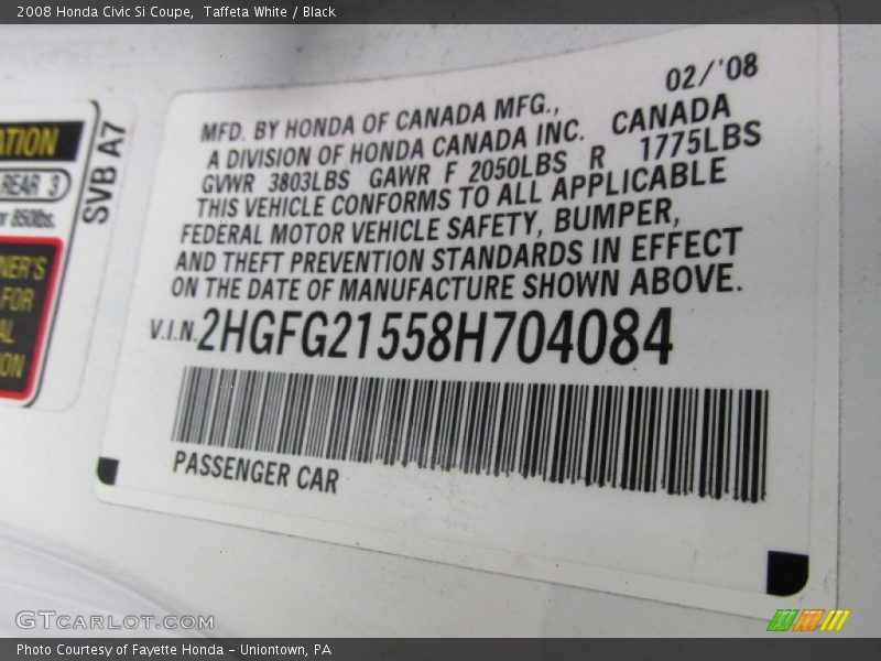 Taffeta White / Black 2008 Honda Civic Si Coupe