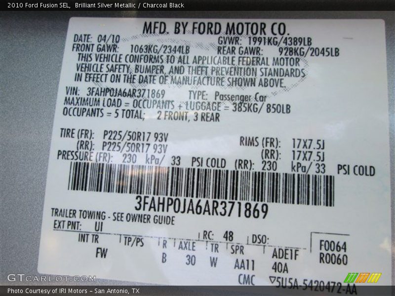Brilliant Silver Metallic / Charcoal Black 2010 Ford Fusion SEL