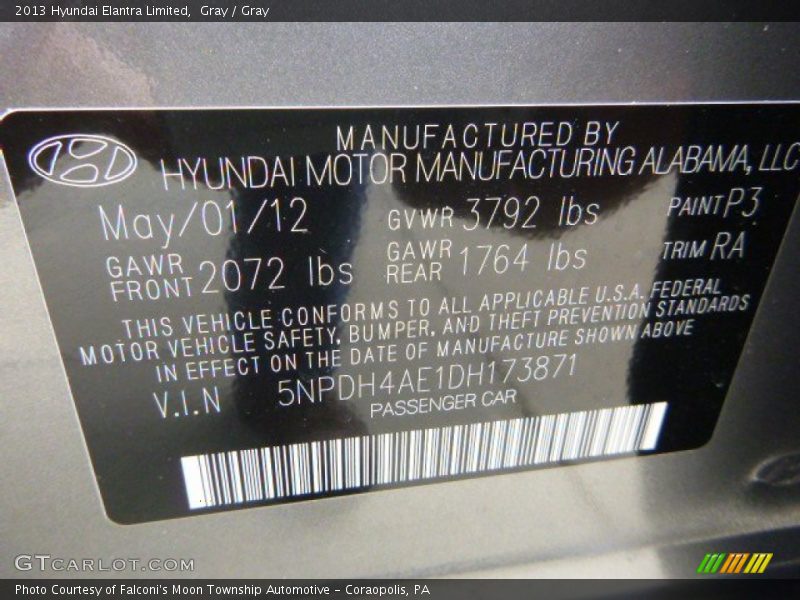 Gray / Gray 2013 Hyundai Elantra Limited