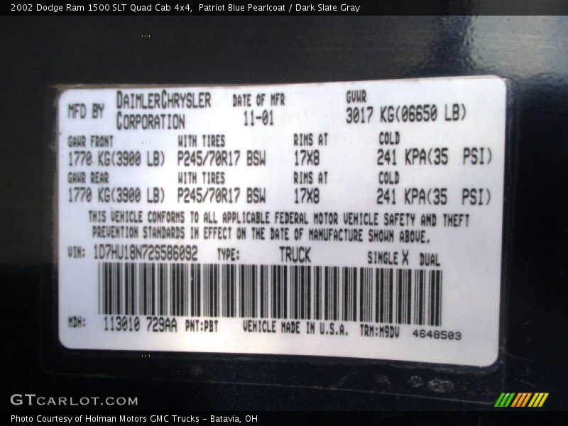 Patriot Blue Pearlcoat / Dark Slate Gray 2002 Dodge Ram 1500 SLT Quad Cab 4x4