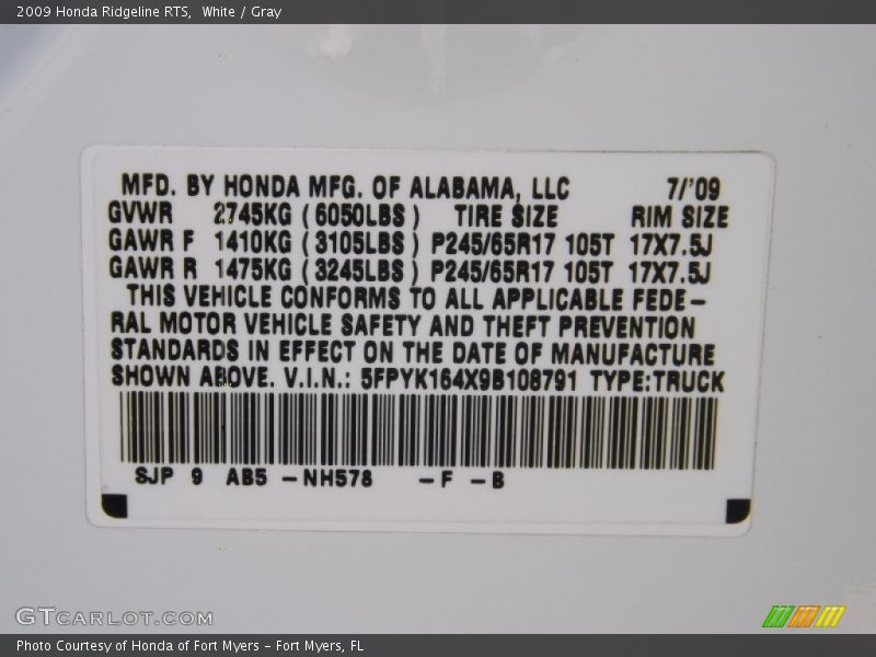 2009 Ridgeline RTS White Color Code NH578