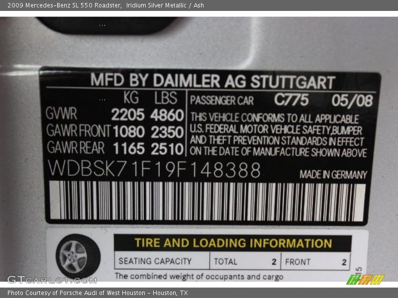 Iridium Silver Metallic / Ash 2009 Mercedes-Benz SL 550 Roadster