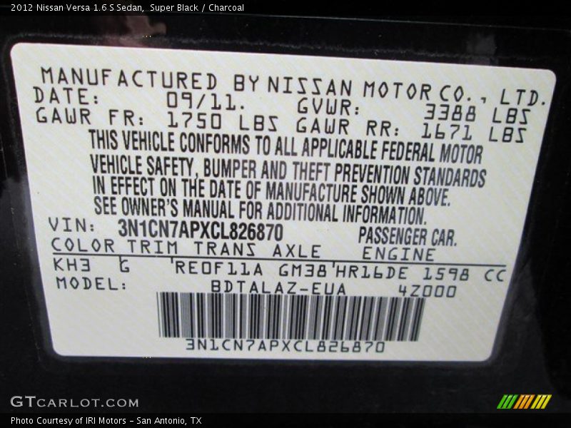 Super Black / Charcoal 2012 Nissan Versa 1.6 S Sedan