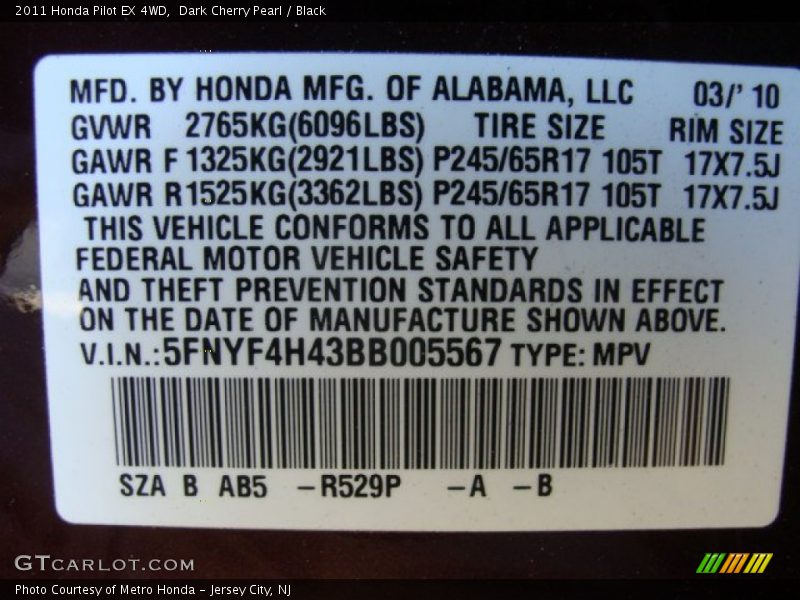 Dark Cherry Pearl / Black 2011 Honda Pilot EX 4WD