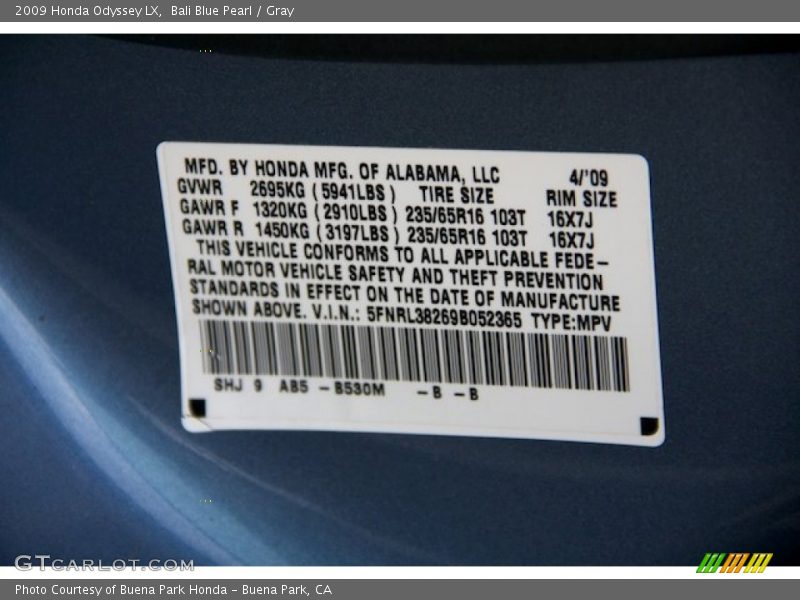Bali Blue Pearl / Gray 2009 Honda Odyssey LX
