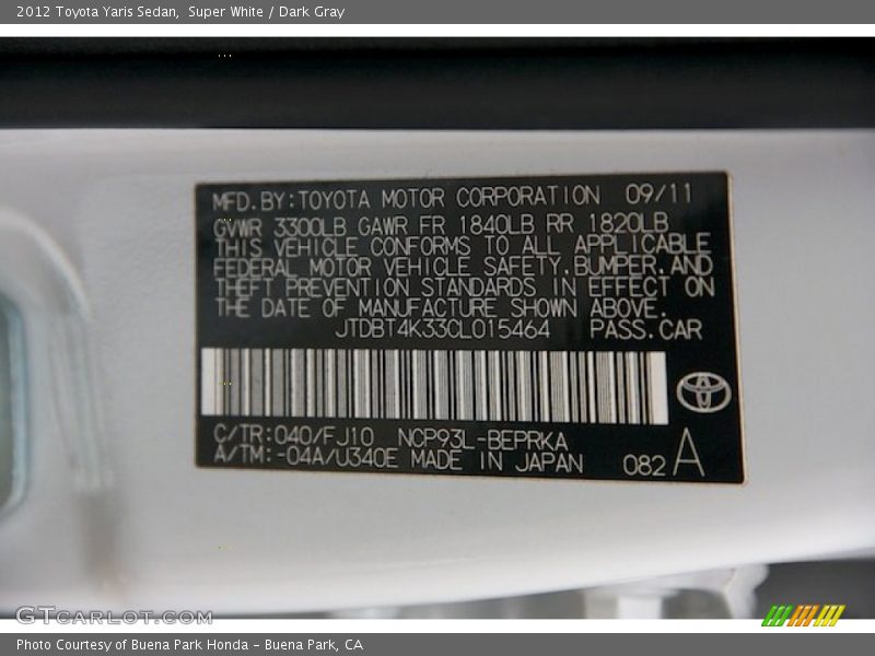 Super White / Dark Gray 2012 Toyota Yaris Sedan