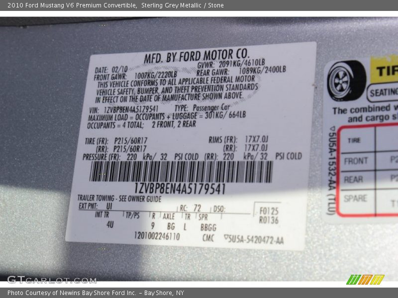 Sterling Grey Metallic / Stone 2010 Ford Mustang V6 Premium Convertible