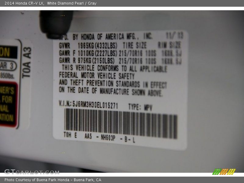 White Diamond Pearl / Gray 2014 Honda CR-V LX