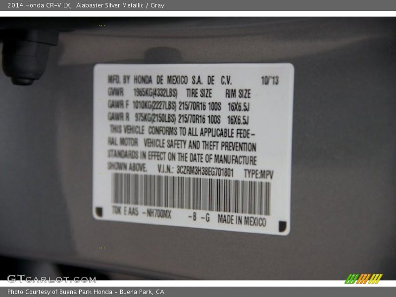 Alabaster Silver Metallic / Gray 2014 Honda CR-V LX