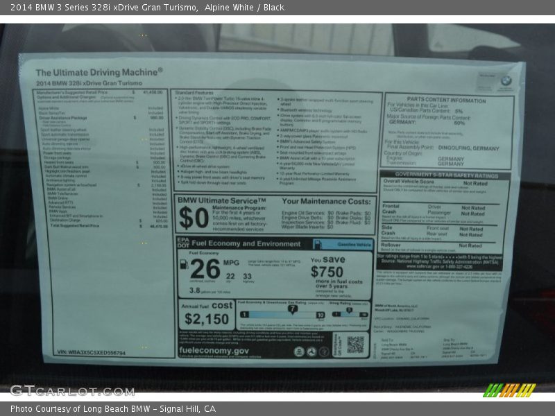  2014 3 Series 328i xDrive Gran Turismo Window Sticker