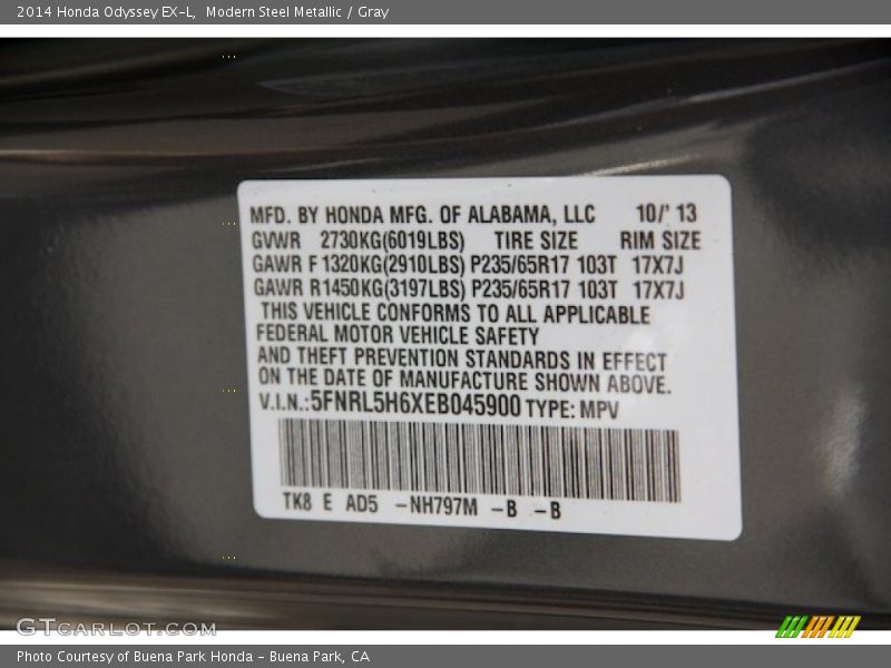 Modern Steel Metallic / Gray 2014 Honda Odyssey EX-L