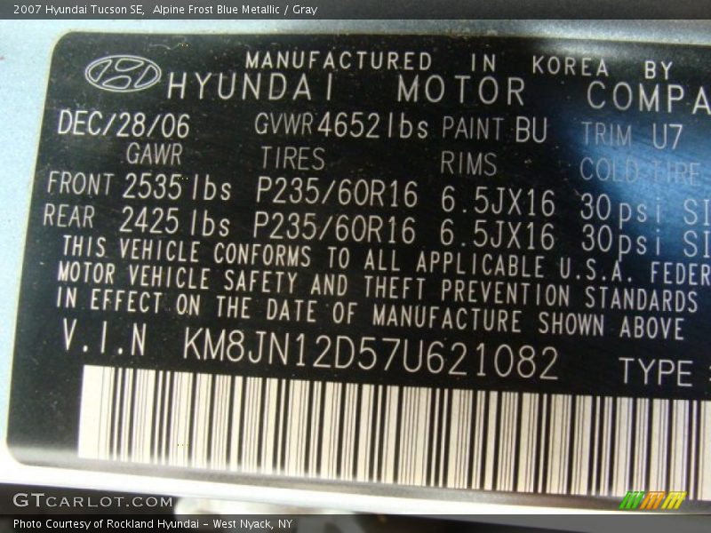 Alpine Frost Blue Metallic / Gray 2007 Hyundai Tucson SE