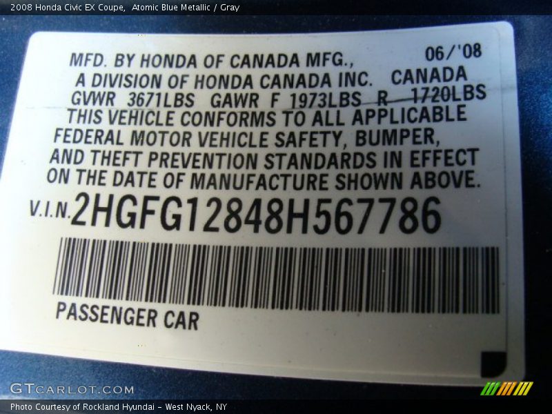 Atomic Blue Metallic / Gray 2008 Honda Civic EX Coupe