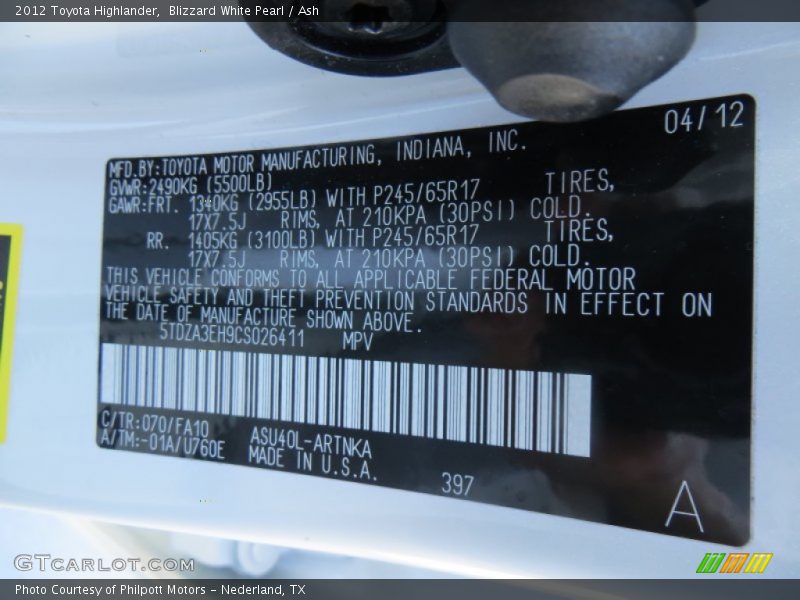 Blizzard White Pearl / Ash 2012 Toyota Highlander