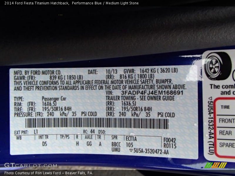 2014 Fiesta Titanium Hatchback Performance Blue Color Code L1