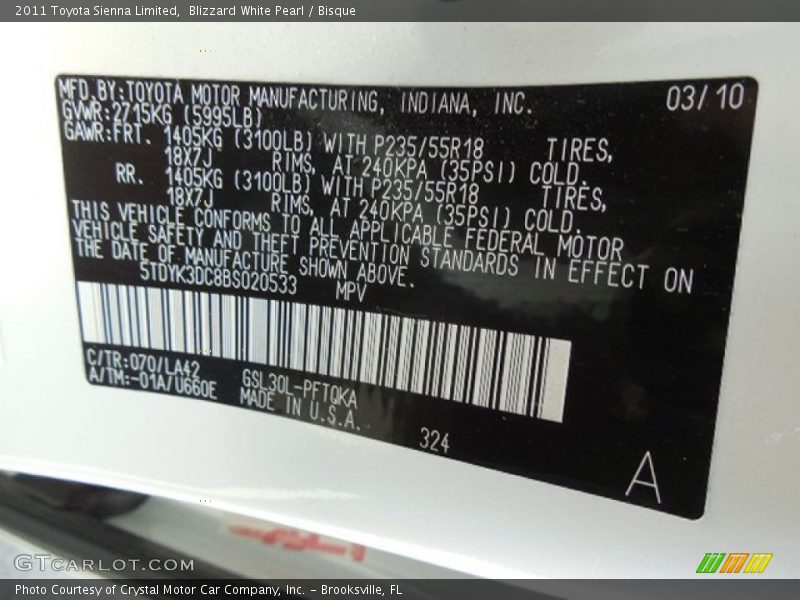 Blizzard White Pearl / Bisque 2011 Toyota Sienna Limited