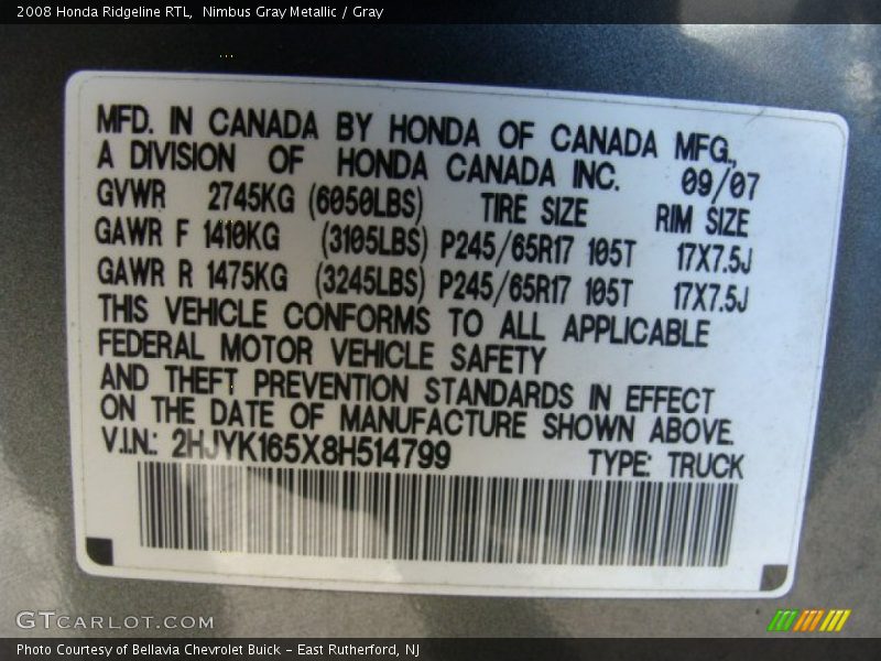 Nimbus Gray Metallic / Gray 2008 Honda Ridgeline RTL