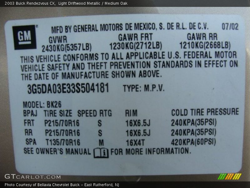 Light Driftwood Metallic / Medium Oak 2003 Buick Rendezvous CX