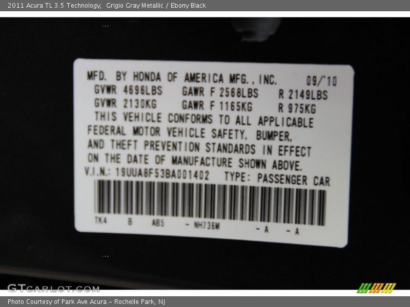 Grigio Gray Metallic / Ebony Black 2011 Acura TL 3.5 Technology