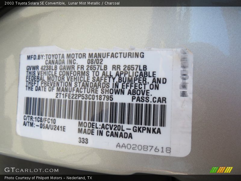 Lunar Mist Metallic / Charcoal 2003 Toyota Solara SE Convertible