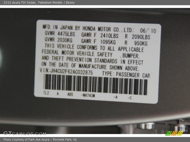 Palladium Metallic / Ebony 2010 Acura TSX Sedan