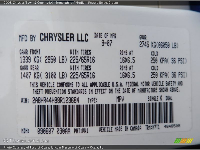 Stone White / Medium Pebble Beige/Cream 2008 Chrysler Town & Country LX