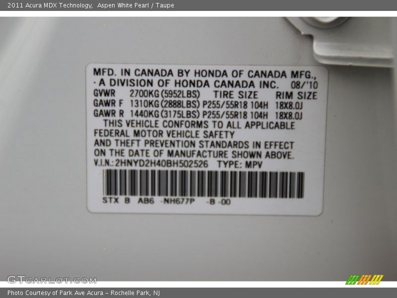 Aspen White Pearl / Taupe 2011 Acura MDX Technology