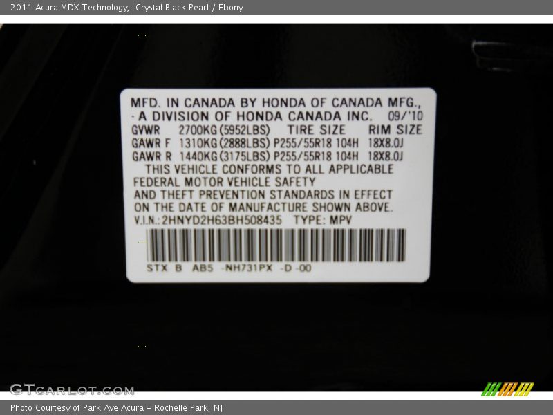 Crystal Black Pearl / Ebony 2011 Acura MDX Technology