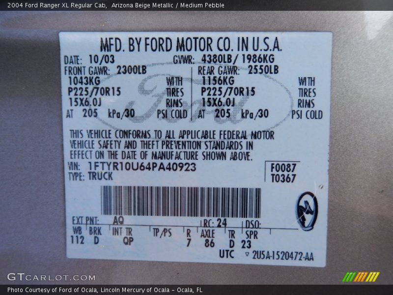 Arizona Beige Metallic / Medium Pebble 2004 Ford Ranger XL Regular Cab