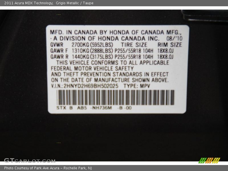 Grigio Metallic / Taupe 2011 Acura MDX Technology