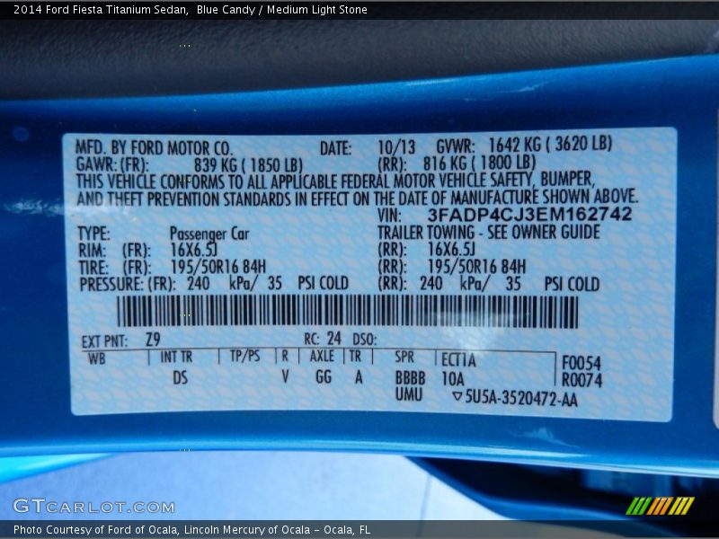 2014 Fiesta Titanium Sedan Blue Candy Color Code Z9