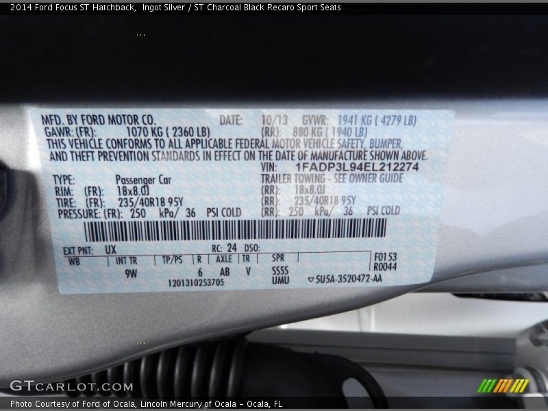 2014 Focus ST Hatchback Ingot Silver Color Code UX