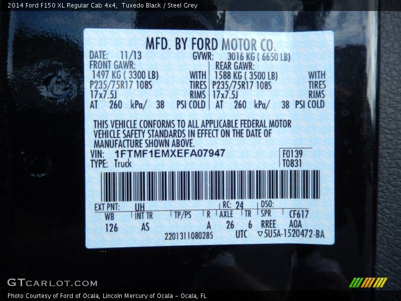 2014 F150 XL Regular Cab 4x4 Tuxedo Black Color Code UH