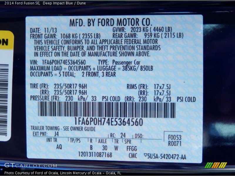 2014 Fusion SE Deep Impact Blue Color Code J4