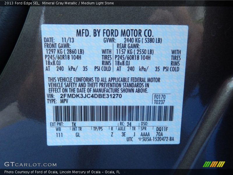 Mineral Gray Metallic / Medium Light Stone 2013 Ford Edge SEL