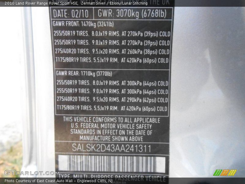 Zermatt Silver / Ebony/Lunar Stitching 2010 Land Rover Range Rover Sport HSE