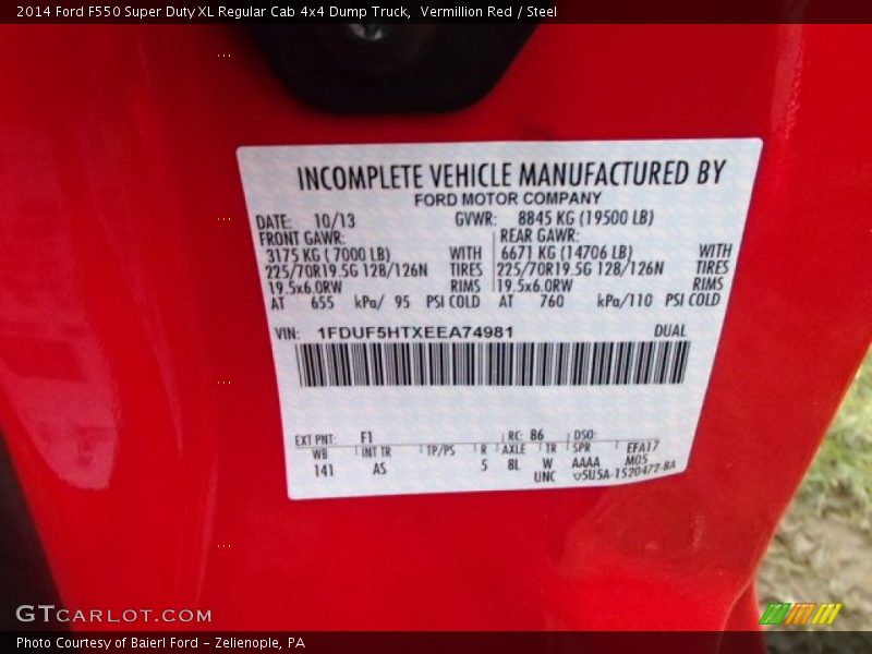 2014 F550 Super Duty XL Regular Cab 4x4 Dump Truck Vermillion Red Color Code F1