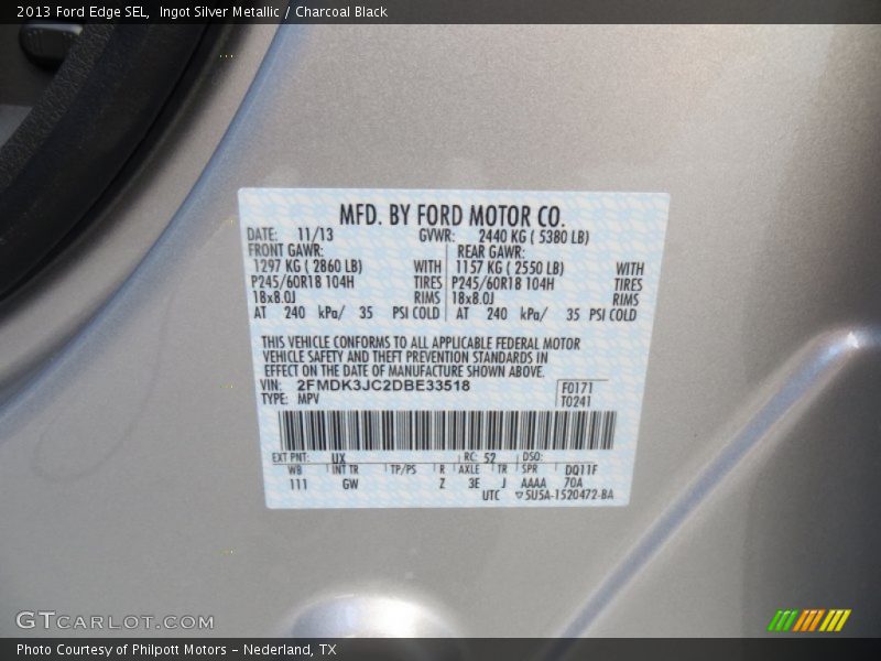 Ingot Silver Metallic / Charcoal Black 2013 Ford Edge SEL