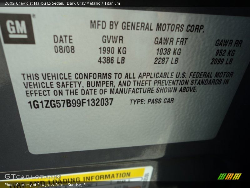 Dark Gray Metallic / Titanium 2009 Chevrolet Malibu LS Sedan