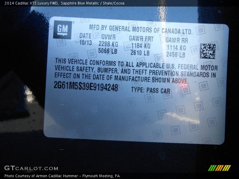Sapphire Blue Metallic / Shale/Cocoa 2014 Cadillac XTS Luxury FWD