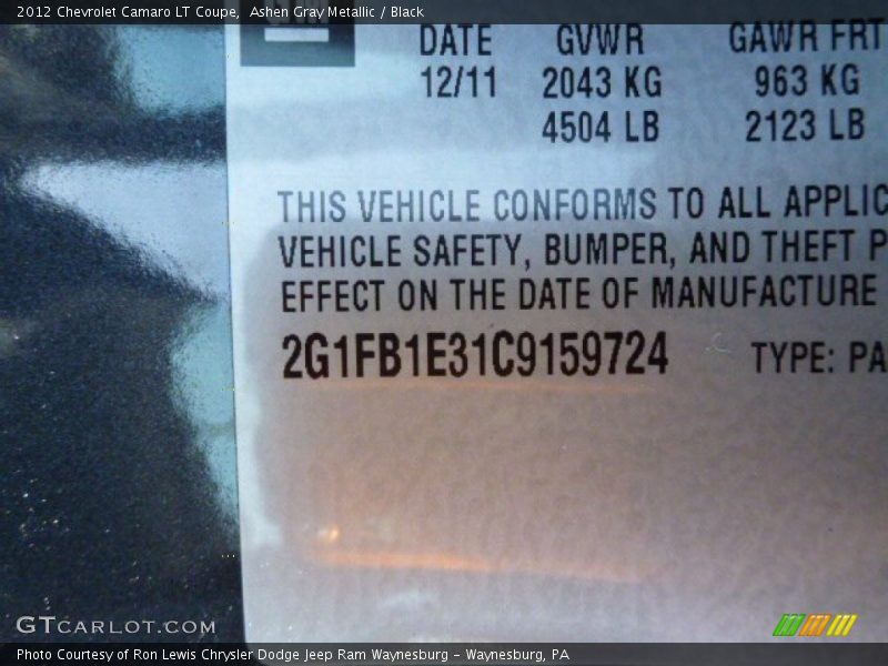Ashen Gray Metallic / Black 2012 Chevrolet Camaro LT Coupe