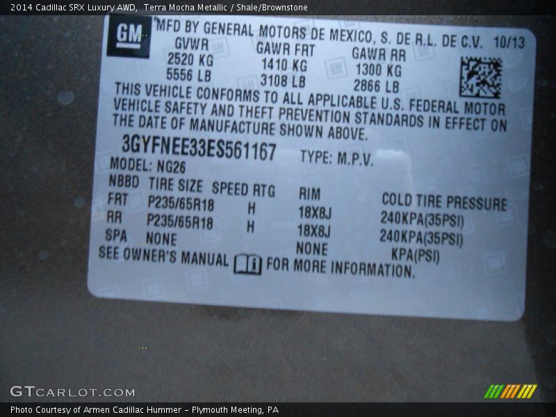 Terra Mocha Metallic / Shale/Brownstone 2014 Cadillac SRX Luxury AWD