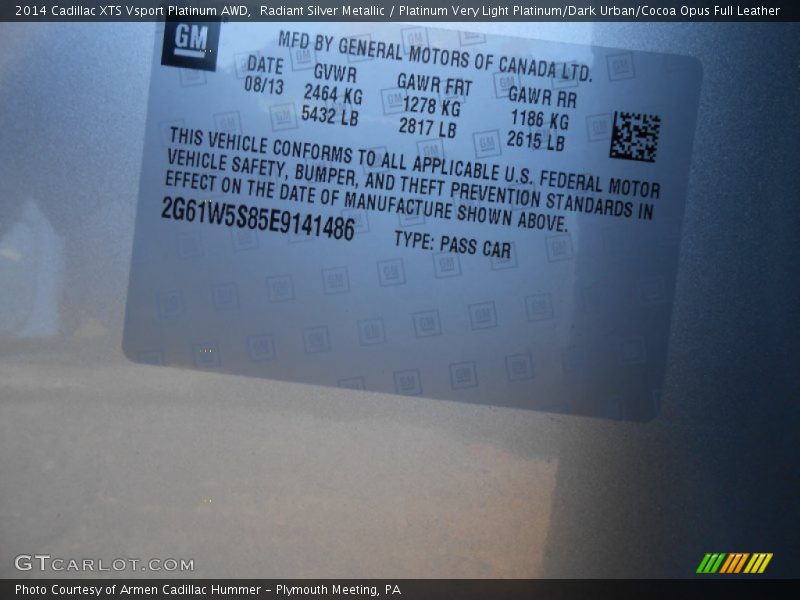 Radiant Silver Metallic / Platinum Very Light Platinum/Dark Urban/Cocoa Opus Full Leather 2014 Cadillac XTS Vsport Platinum AWD